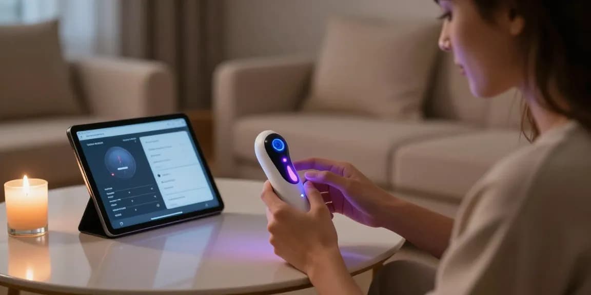 Couple exploring ai sex technology with modern intimacy device in a cozy room.