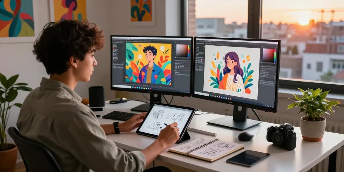Creative workspace showcasing vibrant 18+ ai illustrations and digital art tools.