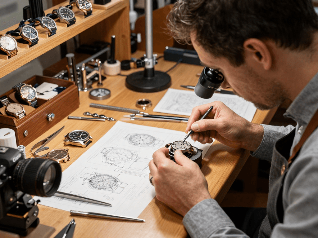 Omega 8500 movement parts being carefully examined in a luxury watch repair workshop, showcasing precision tools and a skilled horologist at work.