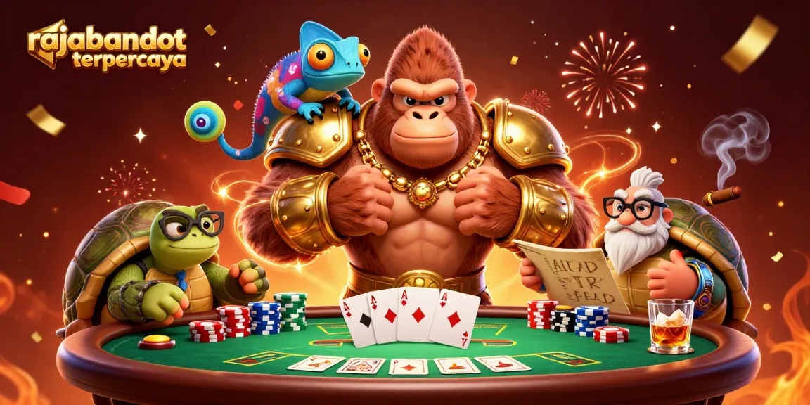 Engage with rajabandot terpercaya in a vibrant poker showdown with animated characters and casino elements.