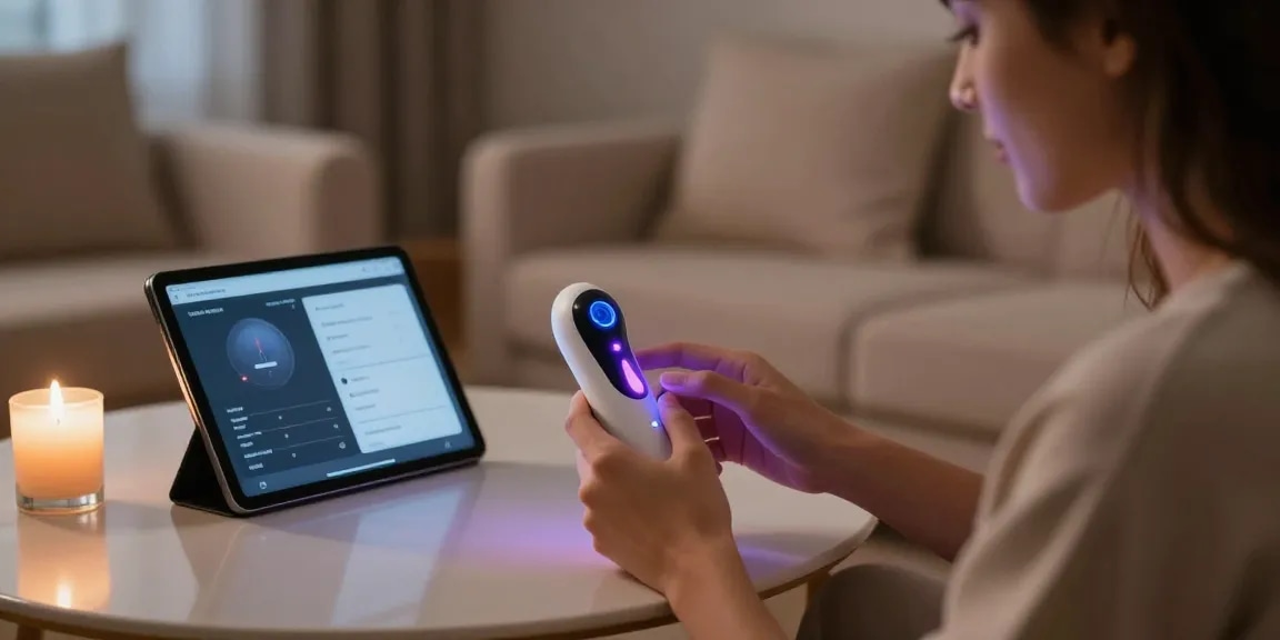 Couple exploring ai sex technology with modern intimacy device in a cozy room.