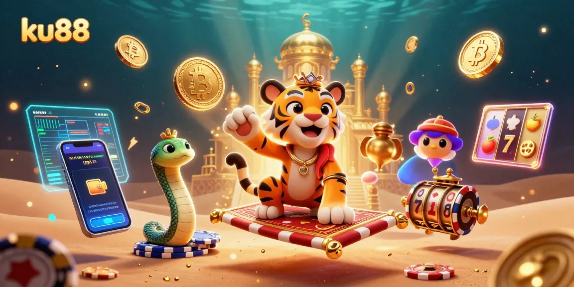 Experience thrilling wins at ku88 with an intricate 3D casino scene featuring a vibrant tiger sultan and magical elements.