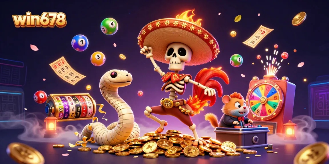 Celebrate wins at win678 with an exciting scene featuring a lively 3D mariachi rooster and gambling elements.