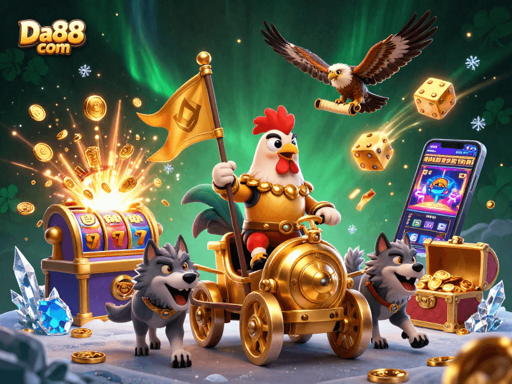 Engage with Da88 com's exciting online casino, featuring dynamic game elements and vibrant characters.
