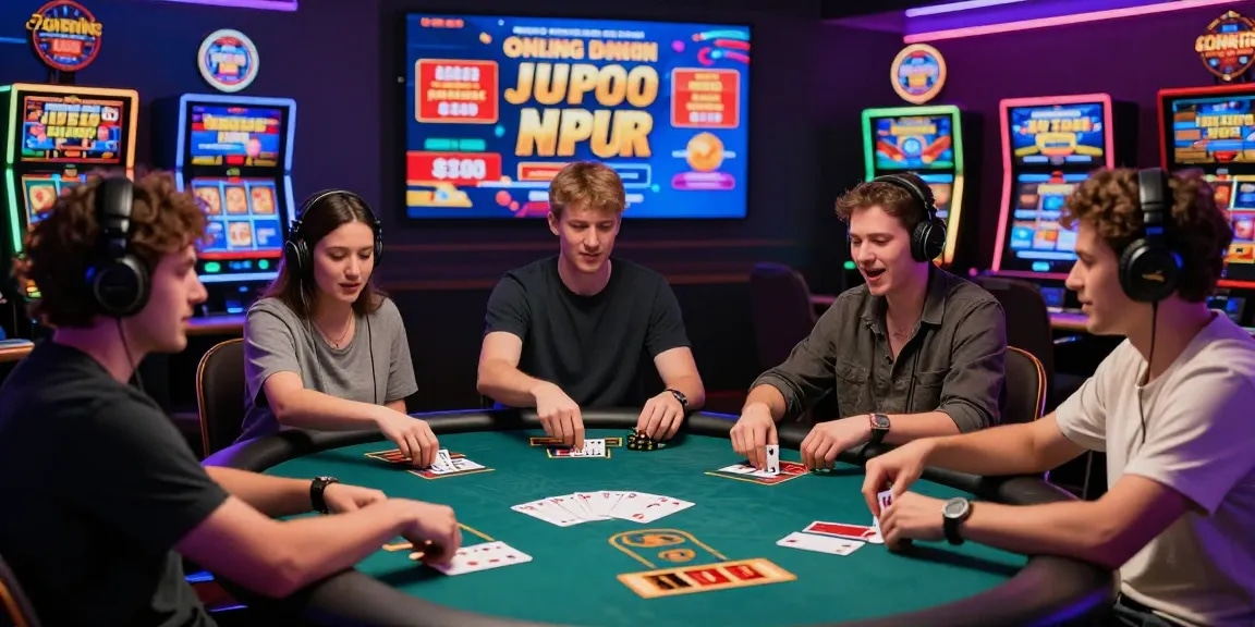 Engaged players at a virtual casino table enjoying australian online casinos with vibrant slot machine graphics.