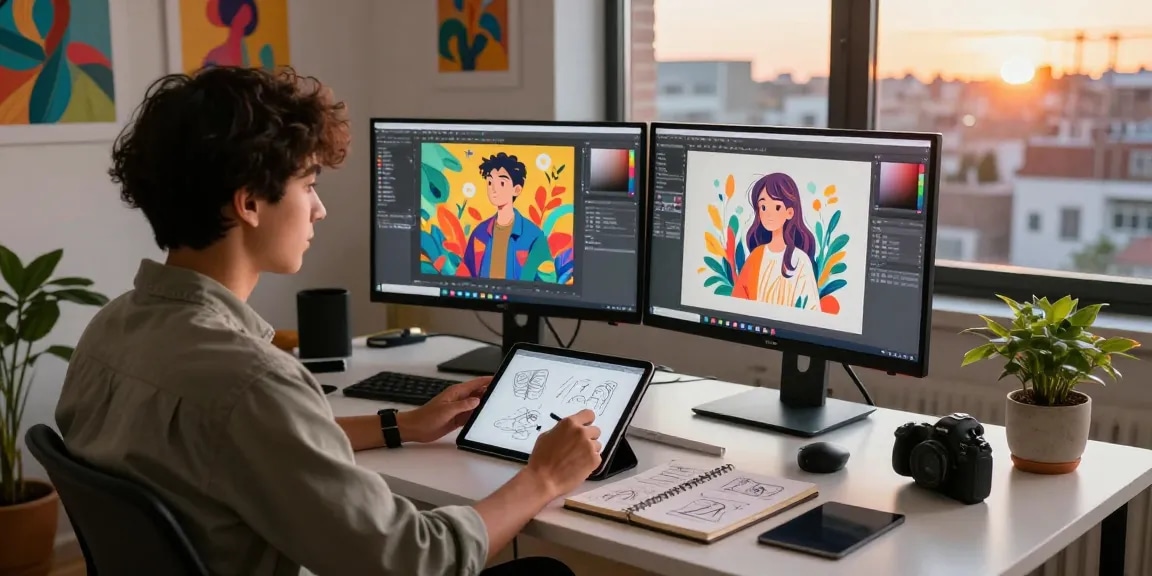 Creative workspace showcasing vibrant 18+ ai illustrations and digital art tools.