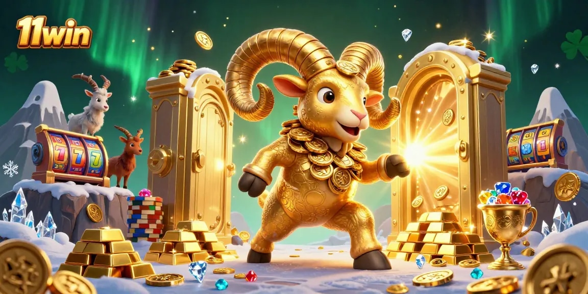11win showcases a vibrant casino scene with a golden ram charging through treasures and slot elements.
