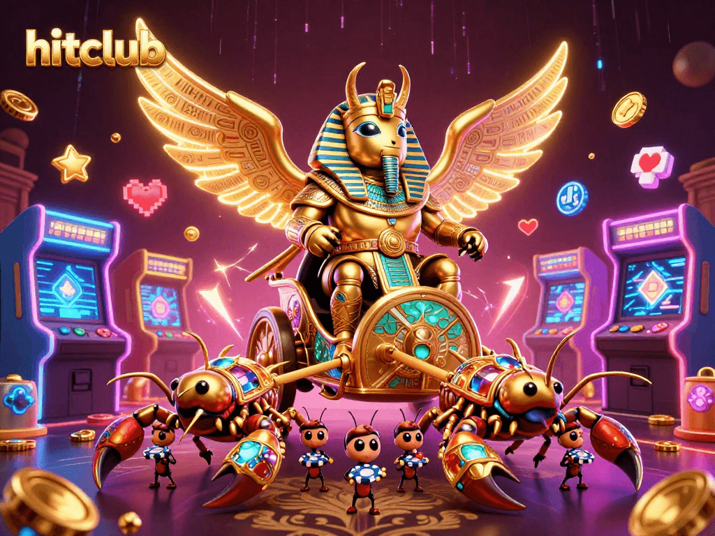 Experience excitement with hitclub - a glorious 3D casino scene featuring a pharaoh's golden beetle and captivating gaming elements.