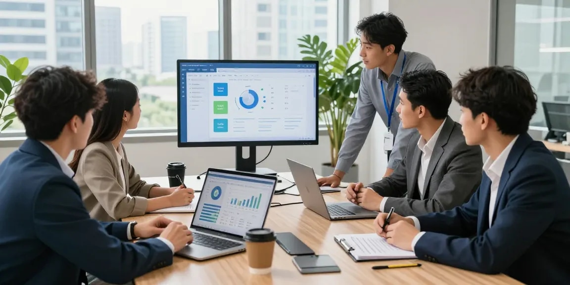 Team collaborating on business phone systems in a modern office setting with laptops and data analytics displayed.