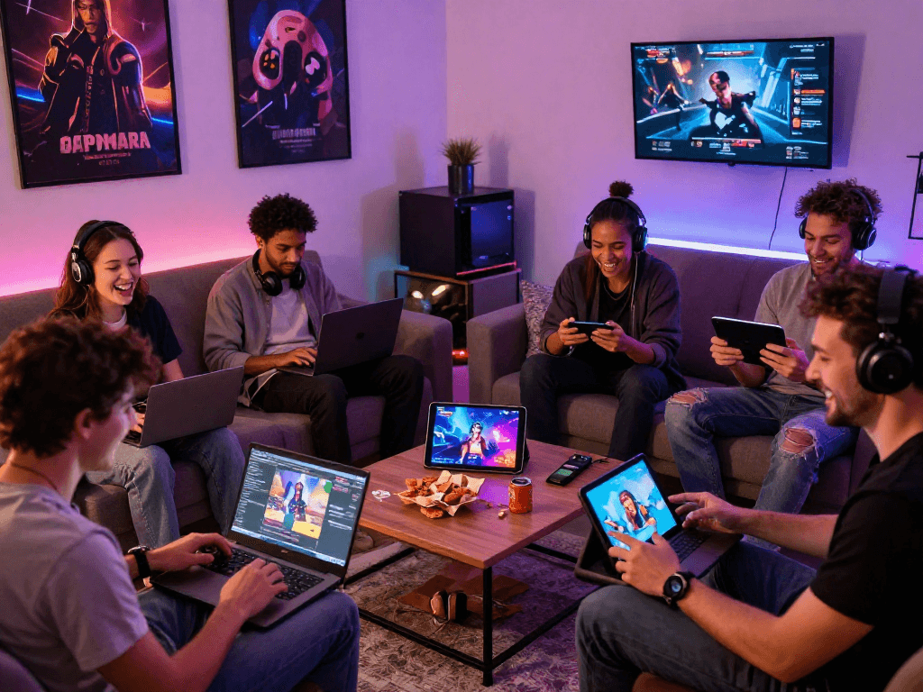 Engaged players enjoying vibrant porn games in a cozy living room setting.