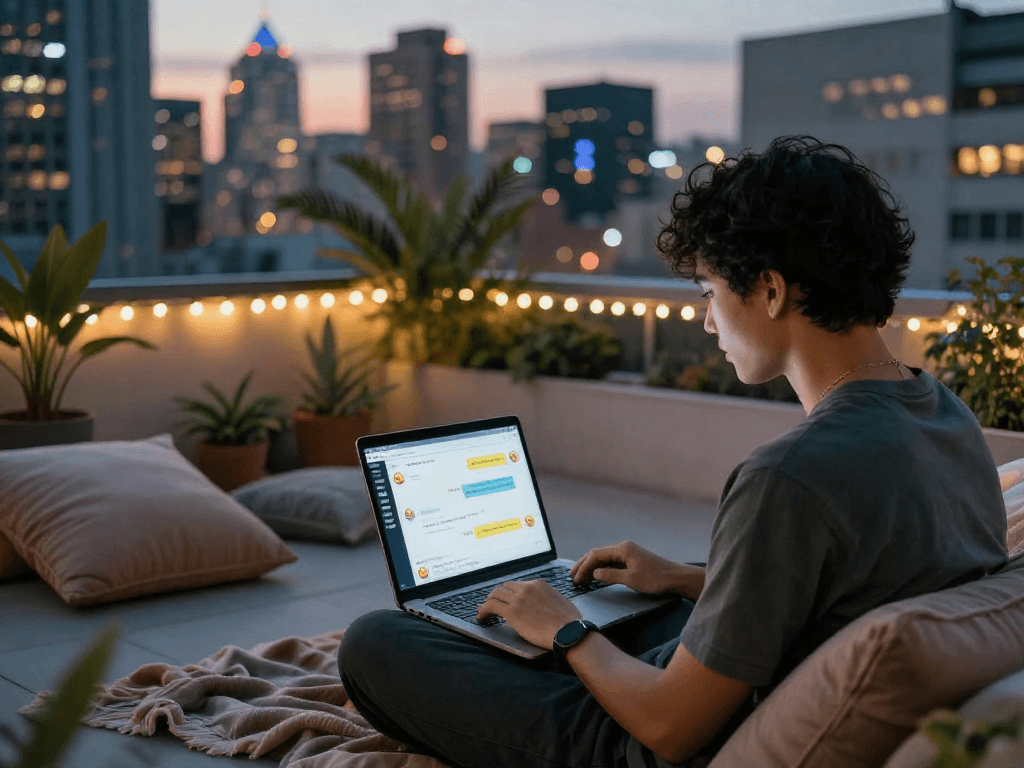 Engaging nsfw ai chat on a rooftop terrace with a vibrant city backdrop