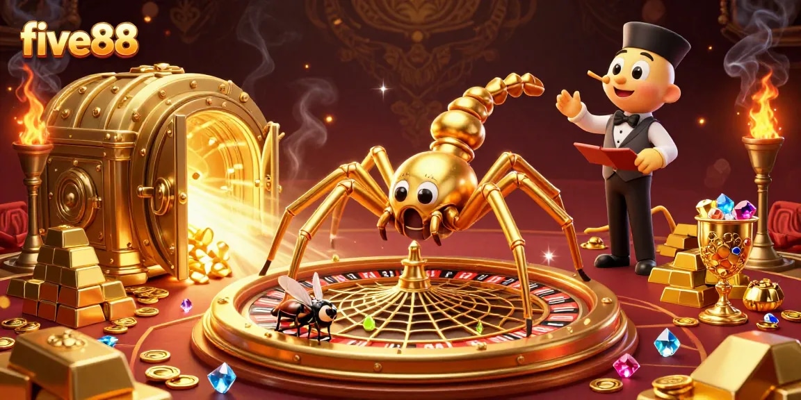 Place your bets with five88 in a vibrant casino scene featuring playful characters.