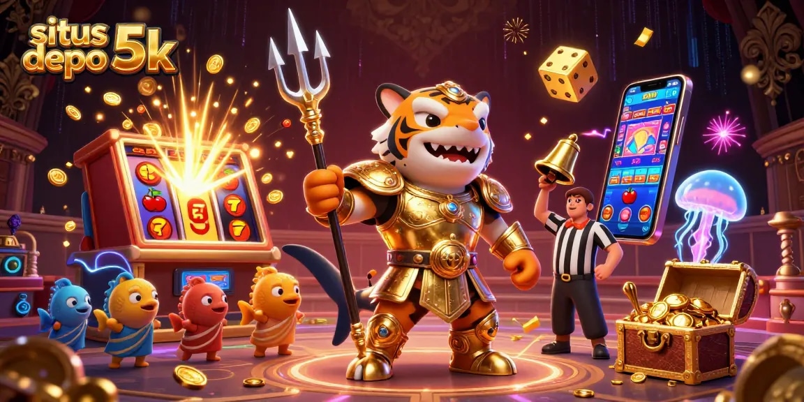 Situs depo 5k burst with excitement in a vibrant underwater casino scene featuring a fierce tiger shark.