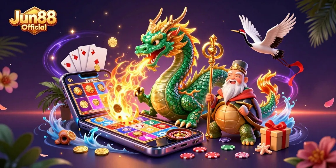 Experience thrilling gameplay with Jun88 Official using vibrant slot games, dragons, and lucky cranes.