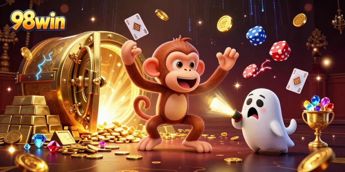 Experience thrilling fun at 98win with a ghostly monkey juggling golden casino treasures.