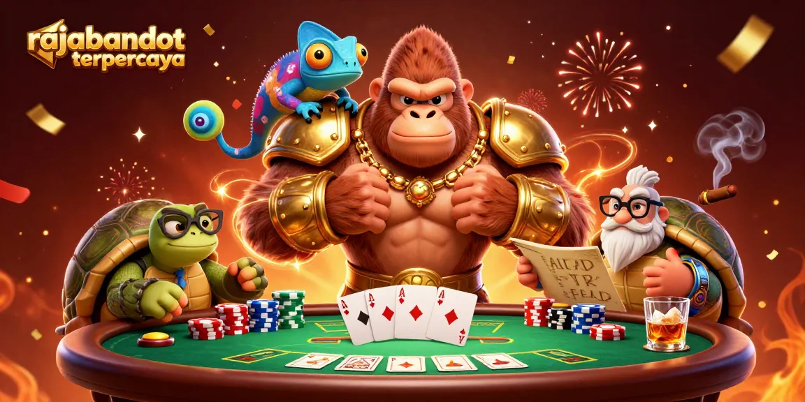 Engage with rajabandot terpercaya in a vibrant poker showdown with animated characters and casino elements.