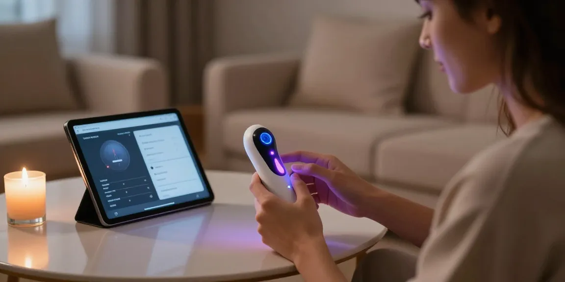 Couple exploring ai sex technology with modern intimacy device in a cozy room.