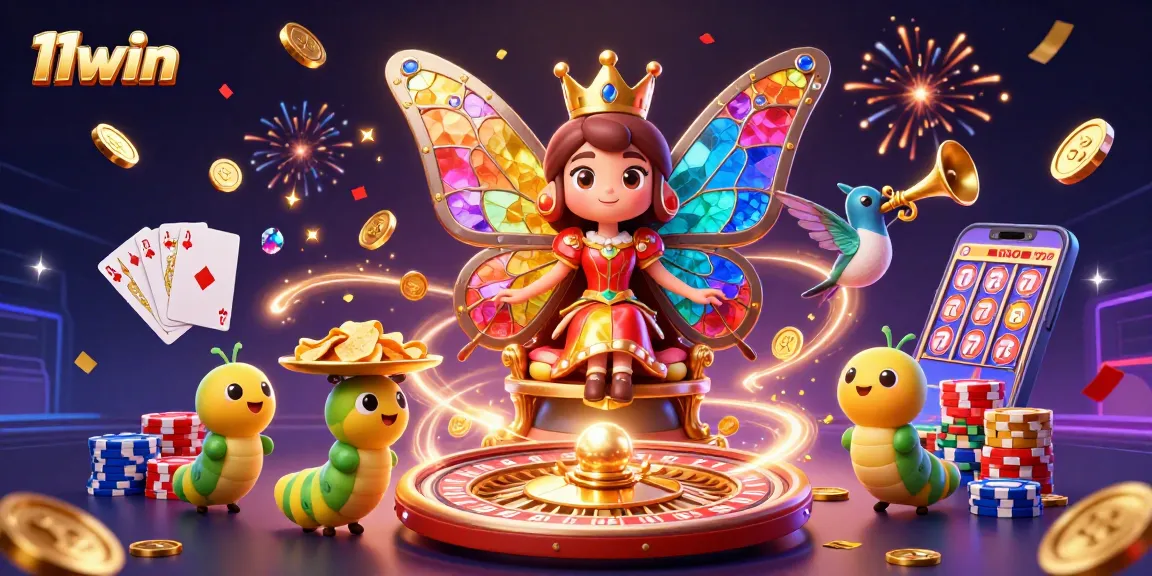 11win gaming illustration featuring a butterfly queen and poker elements, celebrating wins.
