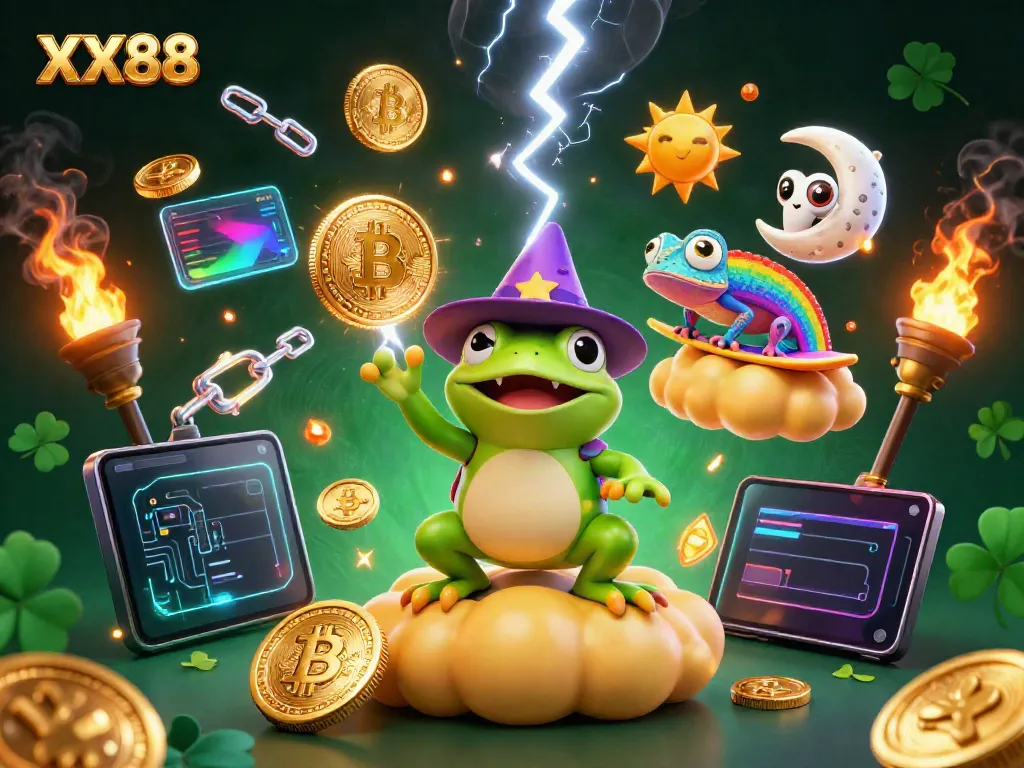 Engage with XX88 as a 3D frog wizard conjures golden coins amidst vibrant casino elements.
