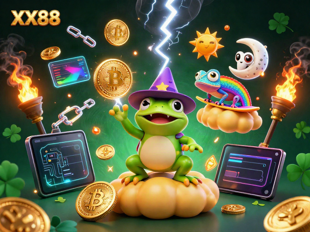 Engage with XX88 as a 3D frog wizard conjures golden coins amidst vibrant casino elements.