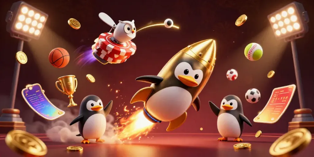 HITCLUB showcases a vibrant 3D scene with a penguin and sports elements representing dynamic gaming excitement.