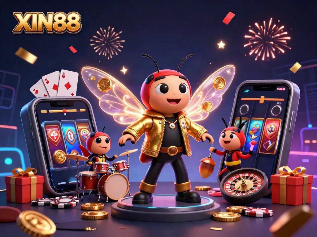 XIN88 features a dynamic 3D scene with a cicada rock star, surrounded by casino elements, enhancing the gambling experience.