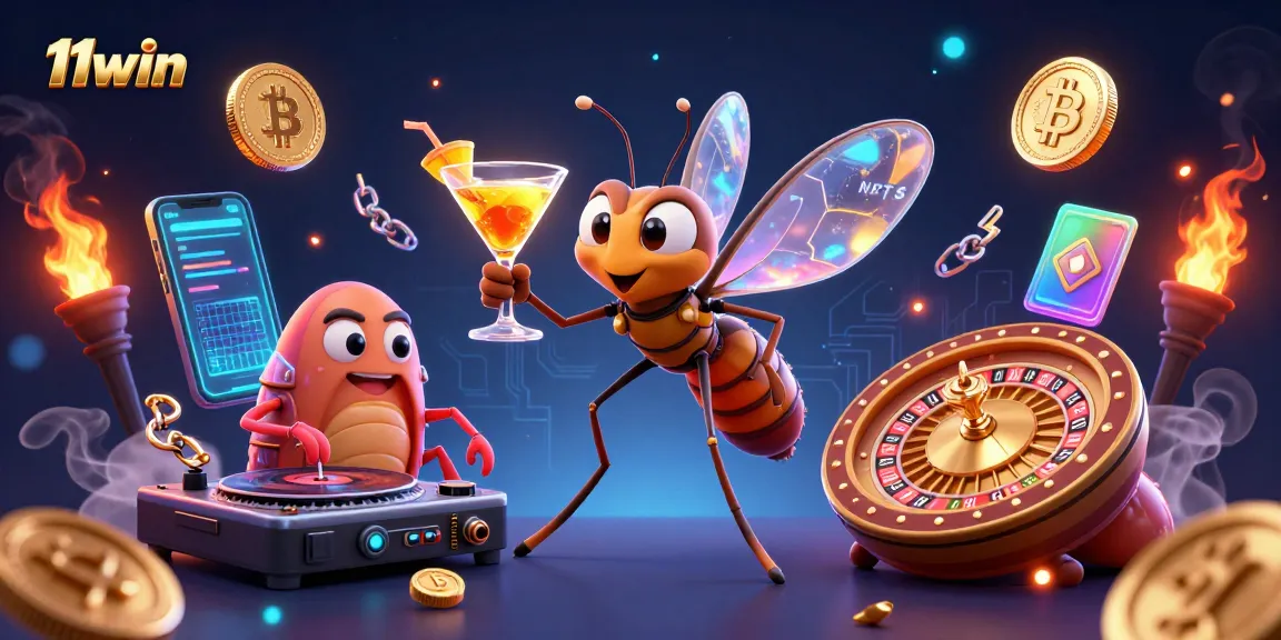 Join the action with 11win's vibrant casino scene featuring unique characters and crypto elements.