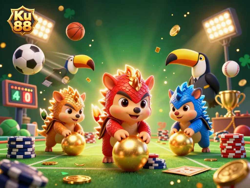 Engage in thrilling betting with Ku 88, featuring dynamic pangolins bowling through poker chips.