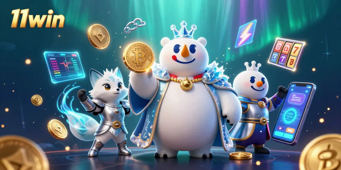 Win big with 11win in this vibrant, immersive casino scene featuring crypto elements and slot games.