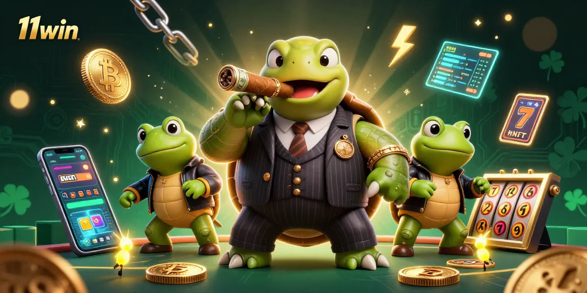 Engage with 11win's thrilling crypto casino scene filled with vibrant characters and glowing game elements.