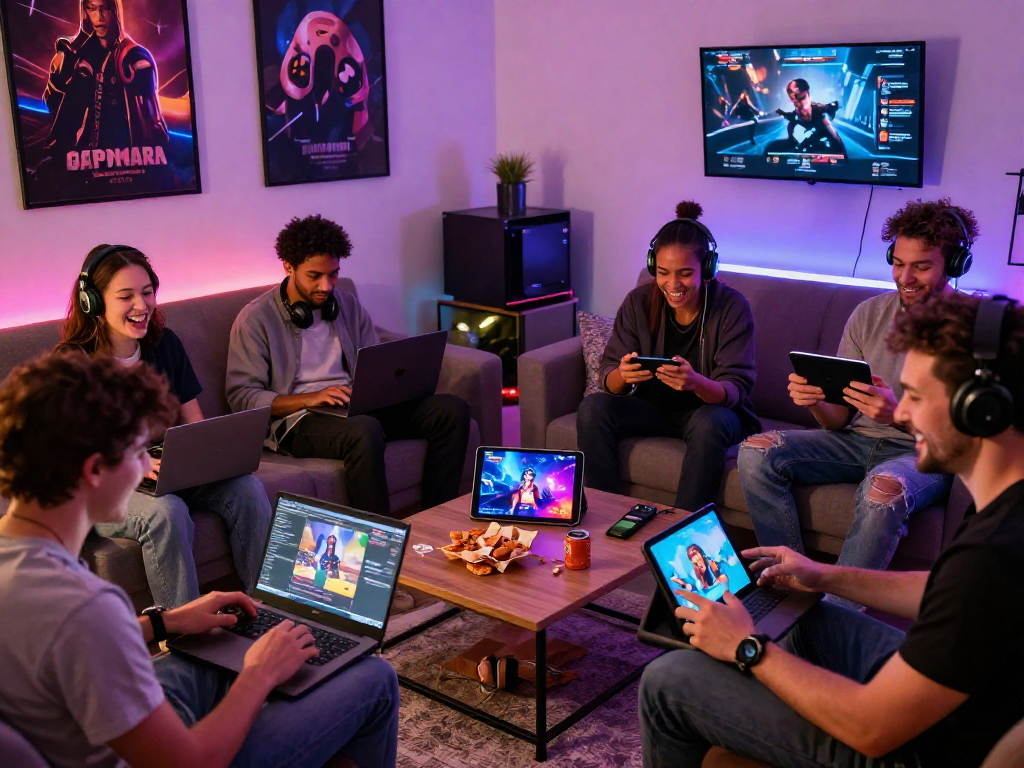 Engaged players enjoying vibrant porn games in a cozy living room setting.