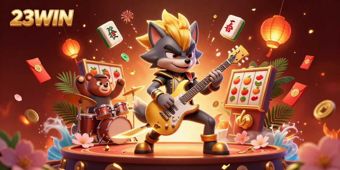 Experience the thrill of 23WIN with a rock star wolf shredding on stage amidst vibrant casino elements.