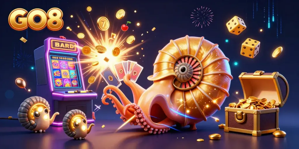 Experience the excitement at GO8 with a vibrant 3D casino scene featuring a golden roulette wheel and dynamic gaming elements.