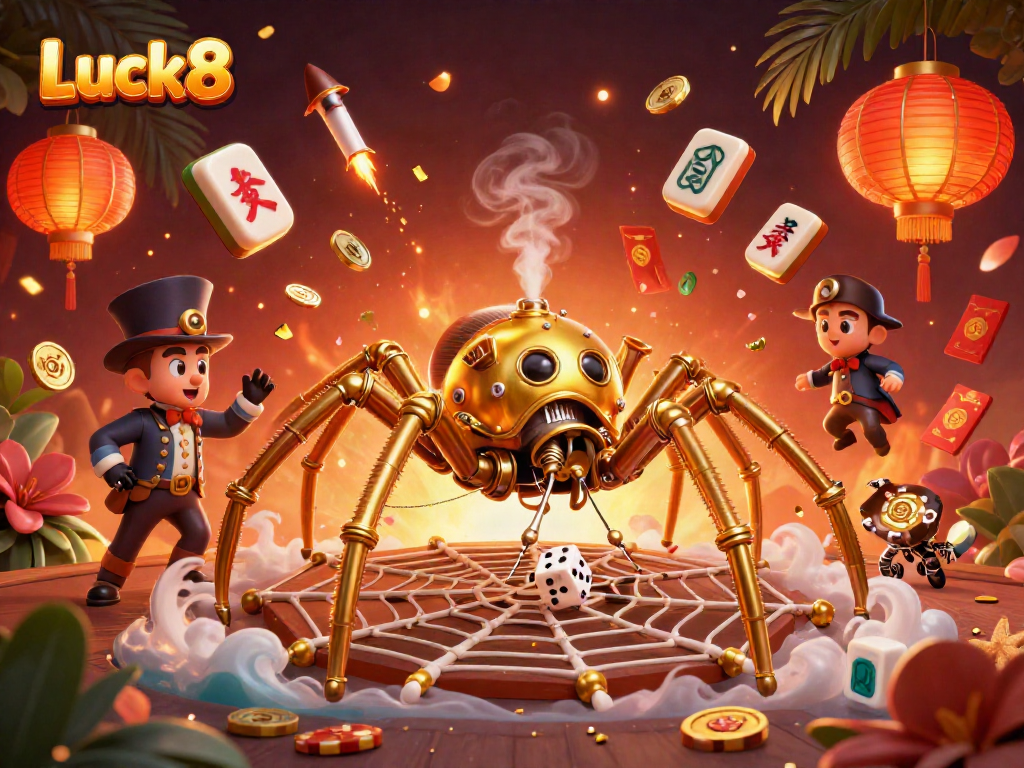 Experience winning thrills at Luck8 with a golden spider and Victorian gentleman amidst dynamic casino elements.