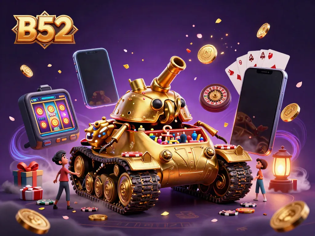 Experience the excitement of B52 with a vibrant casino scene featuring a golden beetle tank and slot games.