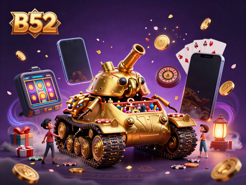 Experience the excitement of B52 with a vibrant casino scene featuring a golden beetle tank and slot games.