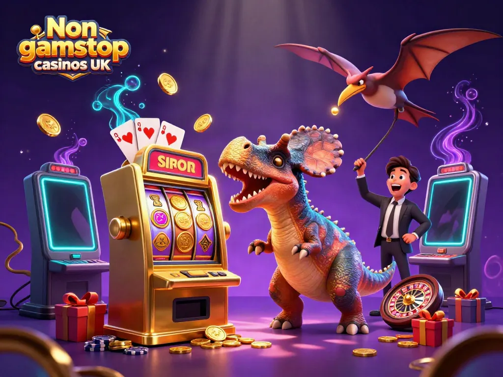 Experience the thrill of Non gamstop casinos UK with a dynamic scene featuring casino characters and golden coins.