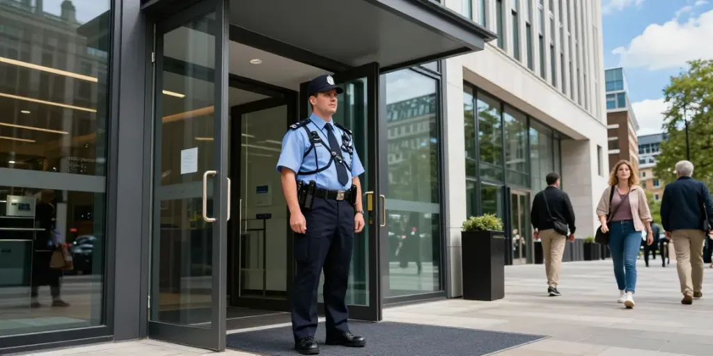 Security Company guard ensuring safety at corporate building, trusted professional.