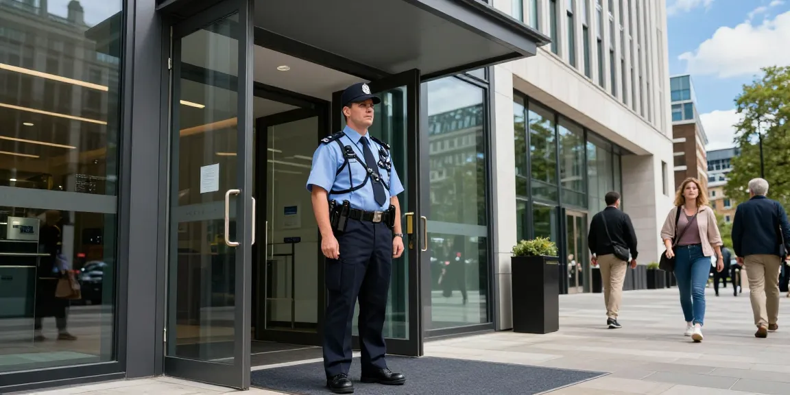 Security Company guard ensuring safety at corporate building, trusted professional.