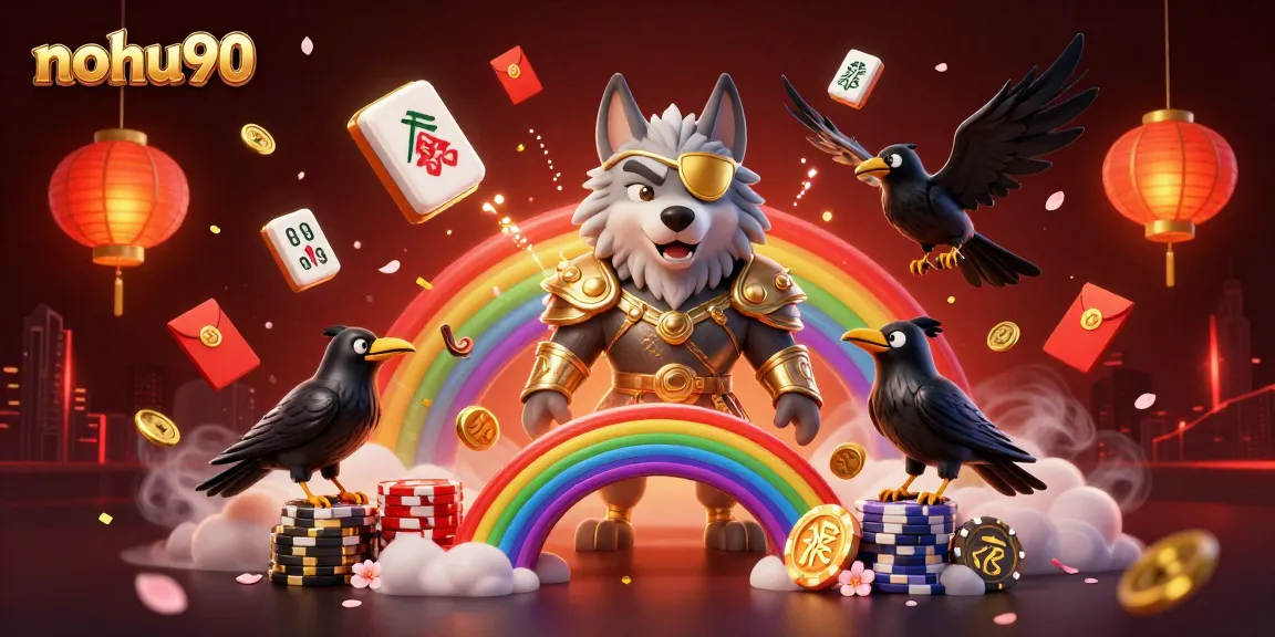 Experience excitement with nohu90 at a vibrant 3D casino-themed illustration featuring Odin and mystical elements.