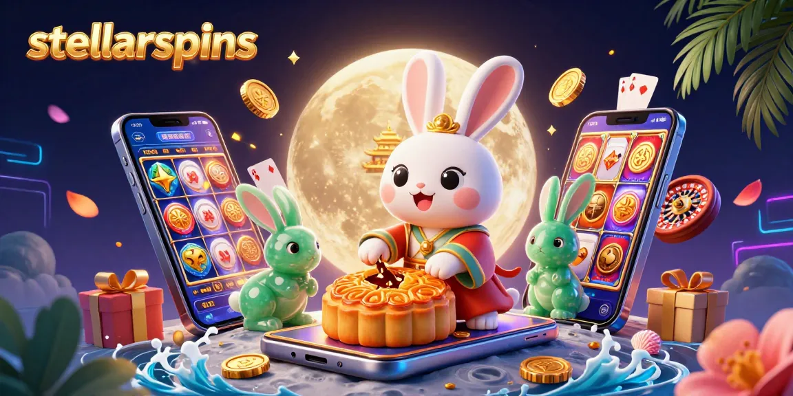 Experience starry wins with stellarspins as a moon rabbit celebrates on the lunar surface amidst casino treasures.