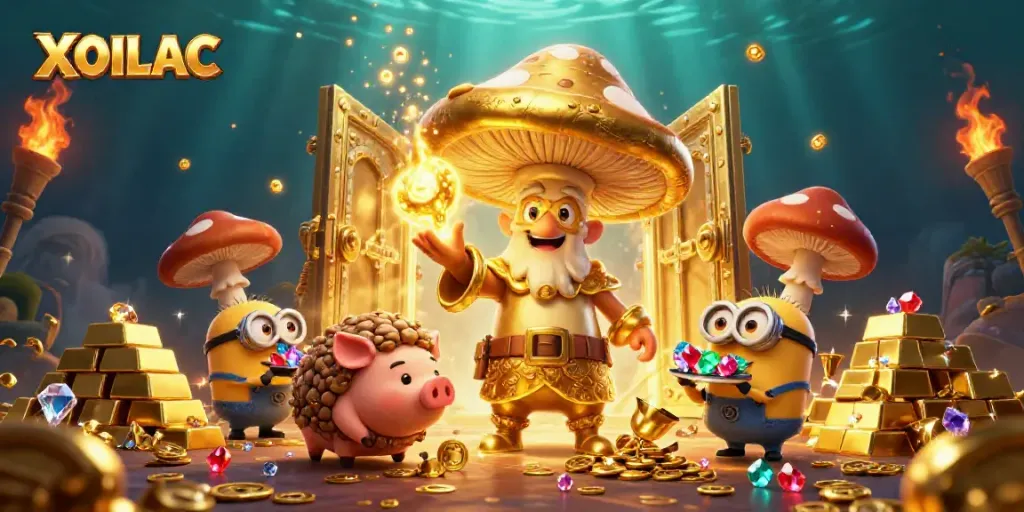 XOILAC offers thrilling live betting action with vibrant characters celebrating treasure and victory.