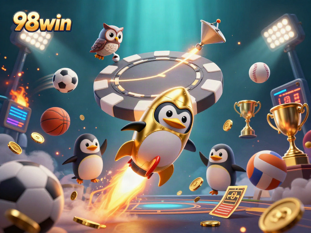 Experience thrilling games with 98win as a golden penguin launches towards a casino space station.