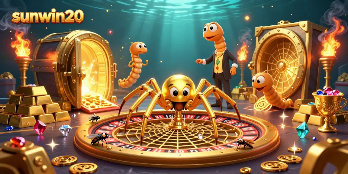 Experience the excitement of sunwin20 with a dynamic casino scene featuring a roulette web and vibrant treasures.