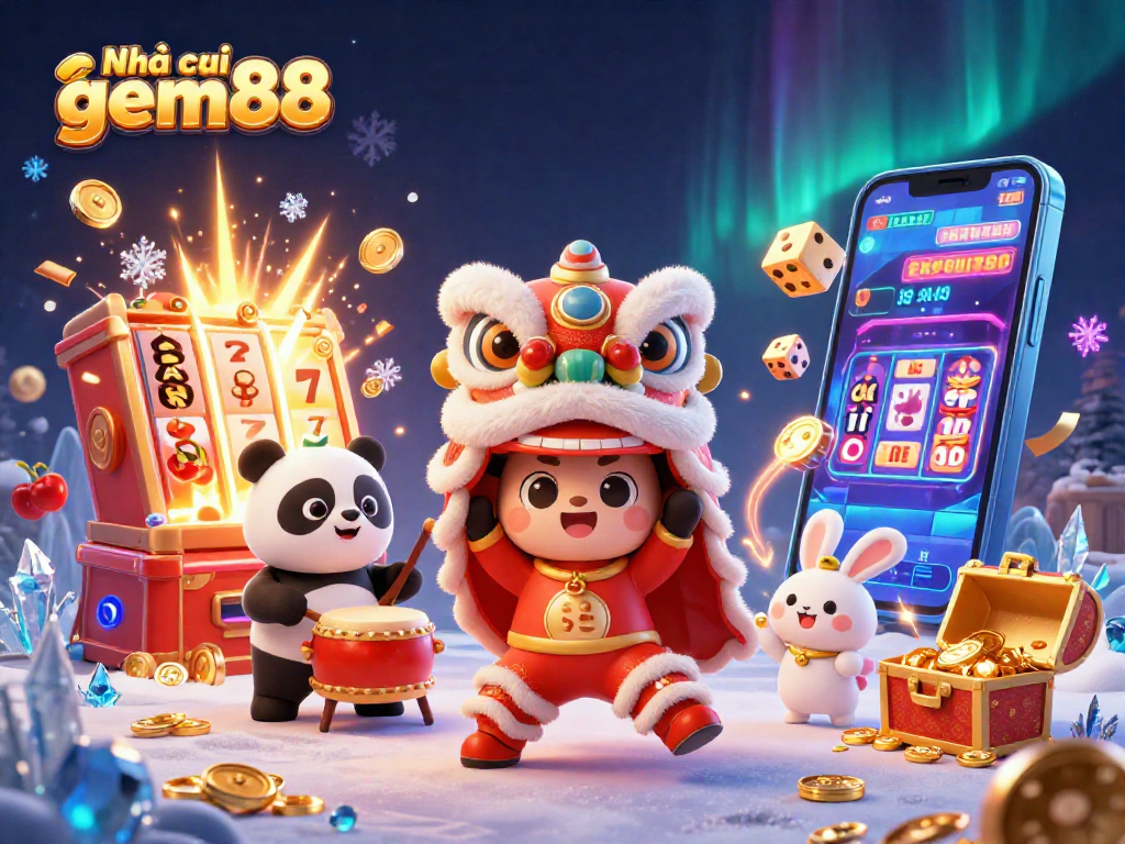Experience thrilling action at Nhà cái gem88 with a vibrant 3D depiction of Chinese New Year festivities and dynamic casino elements.