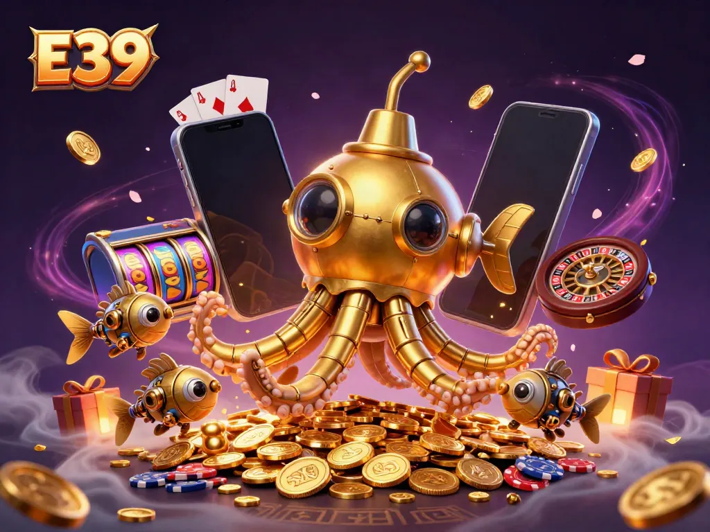 Play thrilling casino games at E39 with vivid graphics of kraken submarine and slot reels.