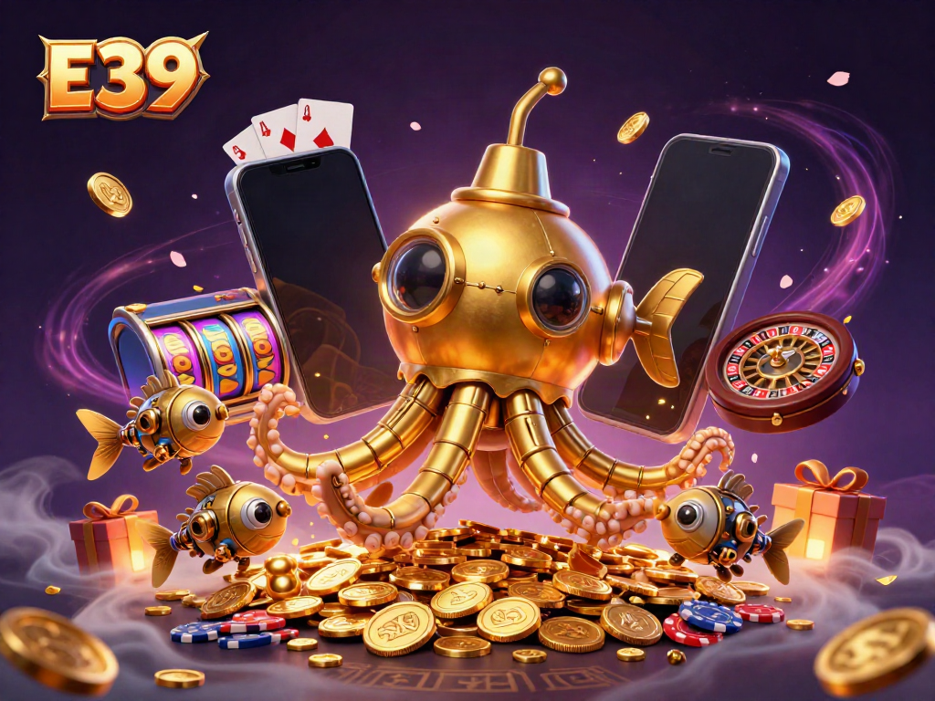 Play thrilling casino games at E39 with vivid graphics of kraken submarine and slot reels.