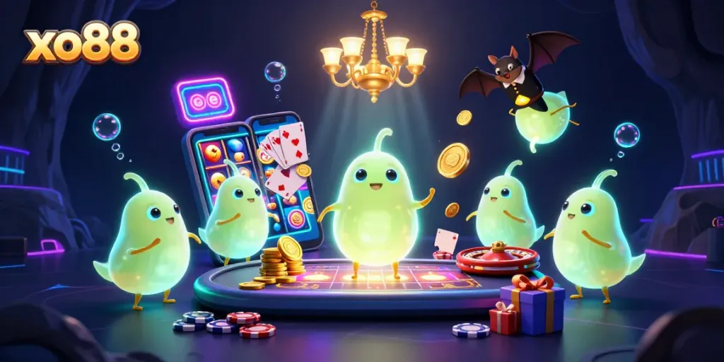 Experience the excitement of xo88 through a vibrant casino scene with glowworms illuminating games and prizes.