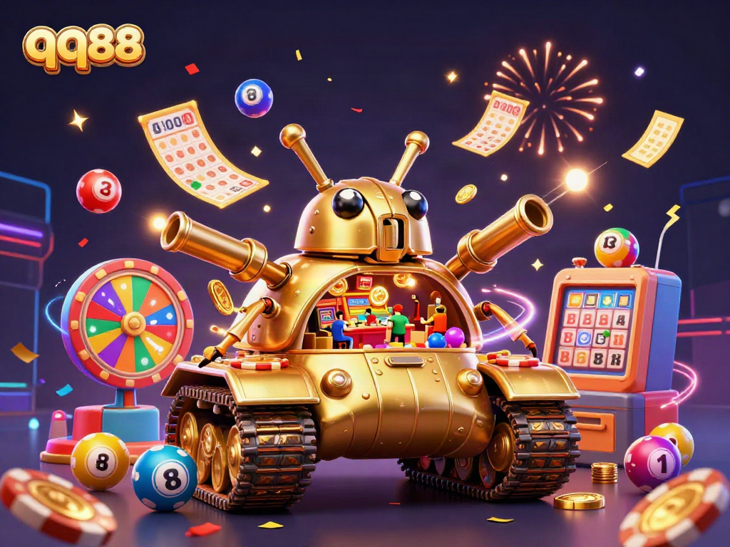 Experience thrilling gaming at qq88 with vibrant visuals of a miniature casino inside a golden beetle tank.