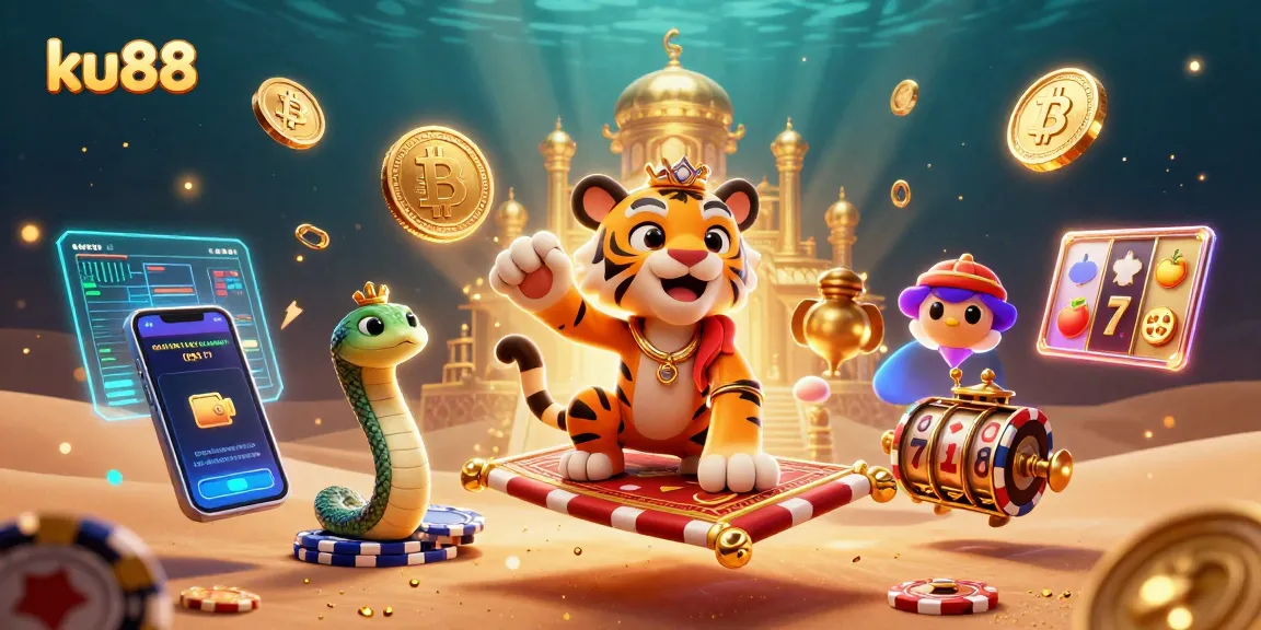 Experience thrilling wins at ku88 with an intricate 3D casino scene featuring a vibrant tiger sultan and magical elements.